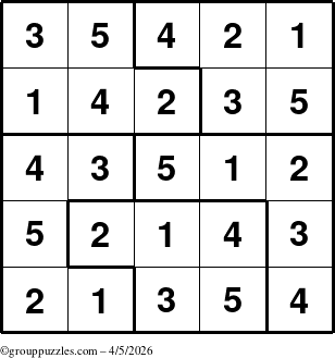 The grouppuzzles.com Answer grid for the Sudoku-5 puzzle for Sunday April 5, 2026
