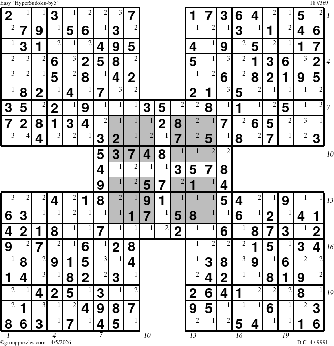 The grouppuzzles.com Easy HyperSudoku-by5 puzzle for Sunday April 5, 2026 with all 4 steps marked