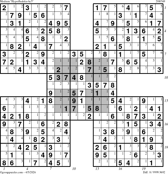 The grouppuzzles.com Medium HyperSudoku-by5 puzzle for Sunday April 5, 2026 with all 8 steps marked