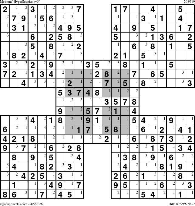 The grouppuzzles.com Medium HyperSudoku-by5 puzzle for Sunday April 5, 2026 with the first 3 steps marked