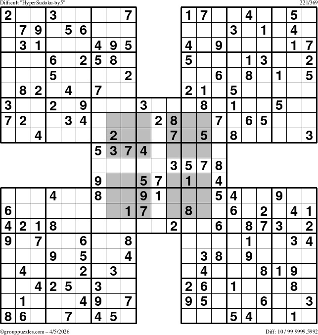 The grouppuzzles.com Difficult HyperSudoku-by5 puzzle for Sunday April 5, 2026
