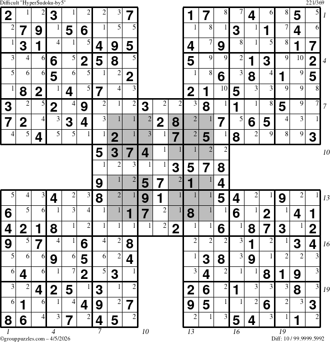 The grouppuzzles.com Difficult HyperSudoku-by5 puzzle for Sunday April 5, 2026, suitable for printing, with all 10 steps marked