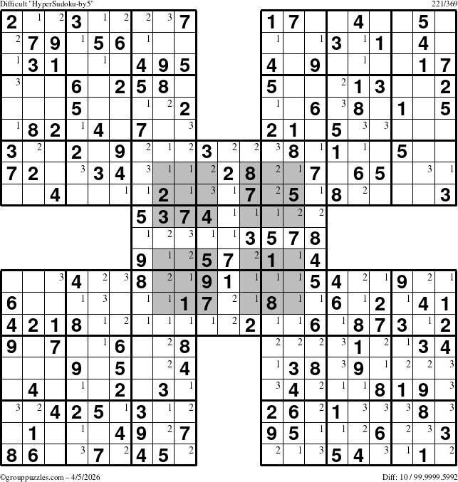 The grouppuzzles.com Difficult HyperSudoku-by5 puzzle for Sunday April 5, 2026 with the first 3 steps marked