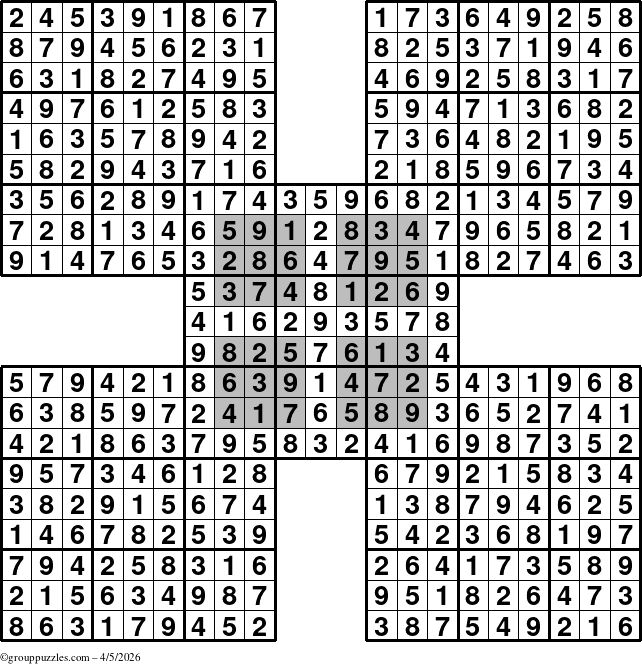 The grouppuzzles.com Answer grid for the HyperSudoku-by5 puzzle for Sunday April 5, 2026