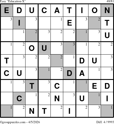 The grouppuzzles.com Easy Education-X puzzle for Sunday April 5, 2026 with the first 3 steps marked