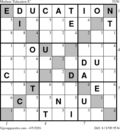 The grouppuzzles.com Medium Education-X puzzle for Sunday April 5, 2026, suitable for printing, with all 8 steps marked