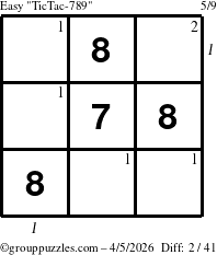 The grouppuzzles.com Easy TicTac-789 puzzle for Sunday April 5, 2026, suitable for printing, with all 2 steps marked