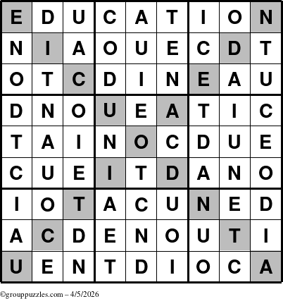 The grouppuzzles.com Answer grid for the Education-X puzzle for Sunday April 5, 2026