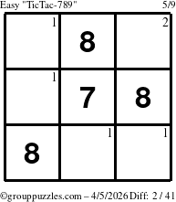 The grouppuzzles.com Easy TicTac-789 puzzle for Sunday April 5, 2026 with the first 2 steps marked
