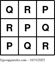 The grouppuzzles.com Answer grid for the TicTac-PQR puzzle for Friday October 31, 2025