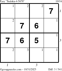 The grouppuzzles.com Easy Sudoku-4-5678 puzzle for Friday October 31, 2025, suitable for printing, with all 3 steps marked