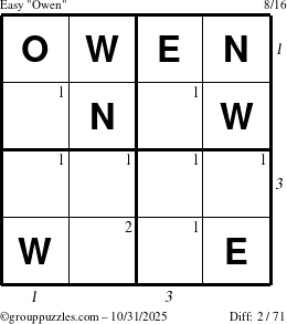 The grouppuzzles.com Easy Owen puzzle for Friday October 31, 2025, suitable for printing, with all 2 steps marked