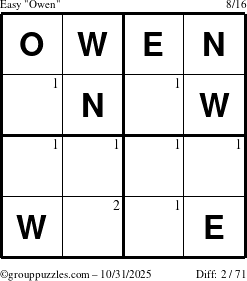 The grouppuzzles.com Easy Owen puzzle for Friday October 31, 2025 with the first 2 steps marked