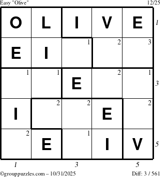 The grouppuzzles.com Easy Olive puzzle for Friday October 31, 2025, suitable for printing, with all 3 steps marked