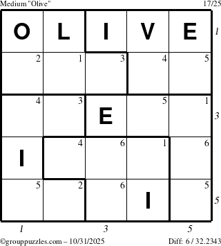 The grouppuzzles.com Medium Olive puzzle for Friday October 31, 2025 with all 6 steps marked