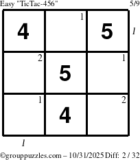 The grouppuzzles.com Easy TicTac-456 puzzle for Friday October 31, 2025, suitable for printing, with all 2 steps marked