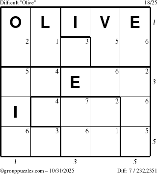 The grouppuzzles.com Difficult Olive puzzle for Friday October 31, 2025 with all 7 steps marked