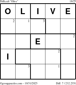 The grouppuzzles.com Difficult Olive puzzle for Friday October 31, 2025 with the first 3 steps marked