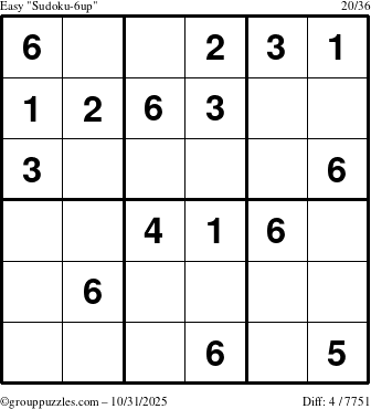 The grouppuzzles.com Easy Sudoku-6up puzzle for Friday October 31, 2025