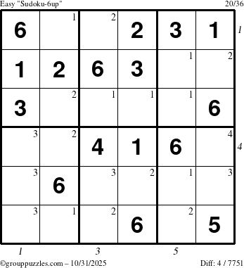 The grouppuzzles.com Easy Sudoku-6up puzzle for Friday October 31, 2025, suitable for printing, with all 4 steps marked