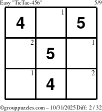 The grouppuzzles.com Easy TicTac-456 puzzle for Friday October 31, 2025 with the first 2 steps marked