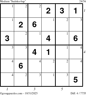 The grouppuzzles.com Medium Sudoku-6up puzzle for Friday October 31, 2025, suitable for printing, with all 4 steps marked