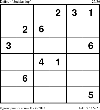 The grouppuzzles.com Difficult Sudoku-6up puzzle for Friday October 31, 2025