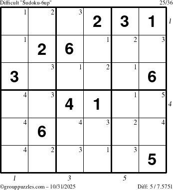 The grouppuzzles.com Difficult Sudoku-6up puzzle for Friday October 31, 2025 with all 5 steps marked