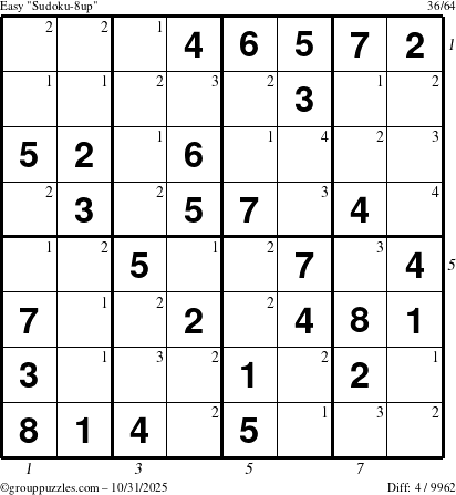 The grouppuzzles.com Easy Sudoku-8up puzzle for Friday October 31, 2025, suitable for printing, with all 4 steps marked