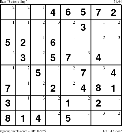 The grouppuzzles.com Easy Sudoku-8up puzzle for Friday October 31, 2025 with the first 3 steps marked