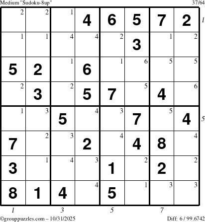 The grouppuzzles.com Medium Sudoku-8up puzzle for Friday October 31, 2025, suitable for printing, with all 6 steps marked