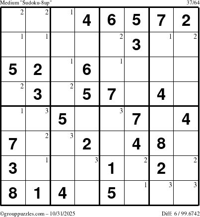 The grouppuzzles.com Medium Sudoku-8up puzzle for Friday October 31, 2025 with the first 3 steps marked