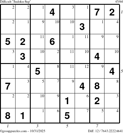 The grouppuzzles.com Difficult Sudoku-8up puzzle for Friday October 31, 2025, suitable for printing, with all 12 steps marked