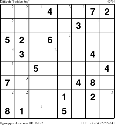 The grouppuzzles.com Difficult Sudoku-8up puzzle for Friday October 31, 2025 with the first 3 steps marked