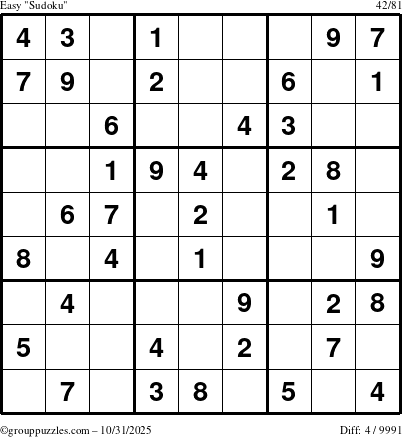 The grouppuzzles.com Easy Sudoku puzzle for Friday October 31, 2025