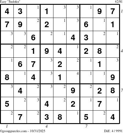 The grouppuzzles.com Easy Sudoku puzzle for Friday October 31, 2025, suitable for printing, with all 4 steps marked