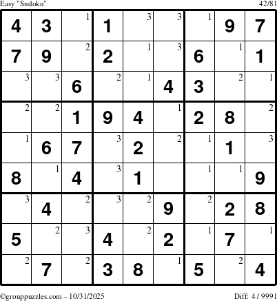 The grouppuzzles.com Easy Sudoku puzzle for Friday October 31, 2025 with the first 3 steps marked