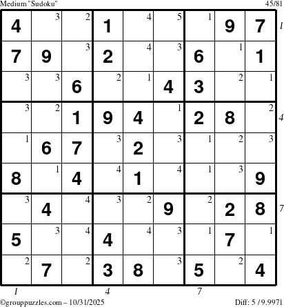 The grouppuzzles.com Medium Sudoku puzzle for Friday October 31, 2025, suitable for printing, with all 5 steps marked
