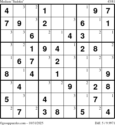 The grouppuzzles.com Medium Sudoku puzzle for Friday October 31, 2025 with the first 3 steps marked