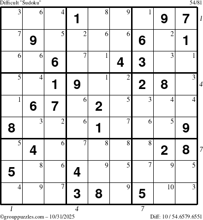 The grouppuzzles.com Difficult Sudoku puzzle for Friday October 31, 2025, suitable for printing, with all 10 steps marked