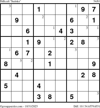 The grouppuzzles.com Difficult Sudoku puzzle for Friday October 31, 2025 with the first 3 steps marked