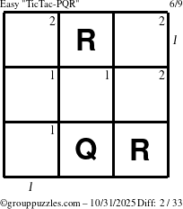 The grouppuzzles.com Easy TicTac-PQR puzzle for Friday October 31, 2025, suitable for printing, with all 2 steps marked