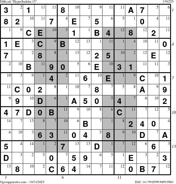 The grouppuzzles.com Difficult HyperSudoku-15 puzzle for Friday October 31, 2025, suitable for printing, with all 14 steps marked