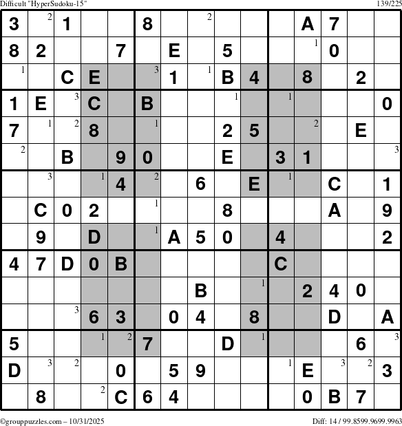 The grouppuzzles.com Difficult HyperSudoku-15 puzzle for Friday October 31, 2025 with the first 3 steps marked