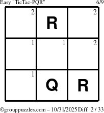 The grouppuzzles.com Easy TicTac-PQR puzzle for Friday October 31, 2025 with the first 2 steps marked