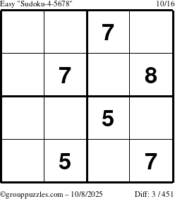The grouppuzzles.com Easy Sudoku-4-5678 puzzle for Wednesday October 8, 2025