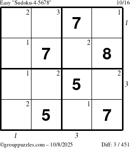 The grouppuzzles.com Easy Sudoku-4-5678 puzzle for Wednesday October 8, 2025 with all 3 steps marked