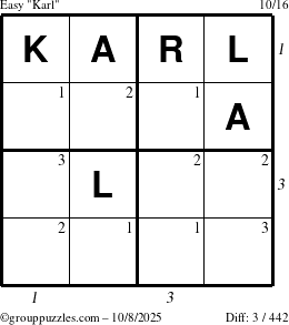 The grouppuzzles.com Easy Karl puzzle for Wednesday October 8, 2025 with all 3 steps marked