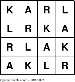 The grouppuzzles.com Answer grid for the Karl puzzle for Wednesday October 8, 2025
