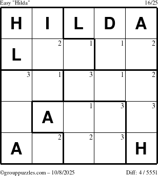 The grouppuzzles.com Easy Hilda puzzle for Wednesday October 8, 2025 with the first 3 steps marked